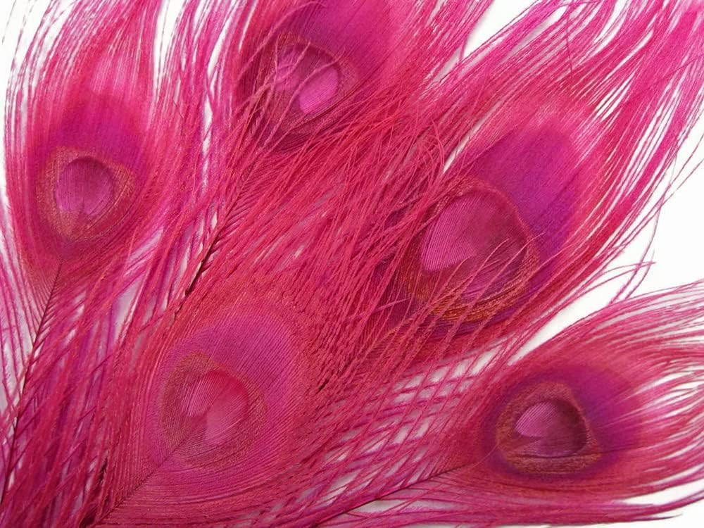 50 Pieces - 20-25" Hot Pink Dyed Over Natural Long Peacock Tail Eye Wholesale Feathers (Bulk)