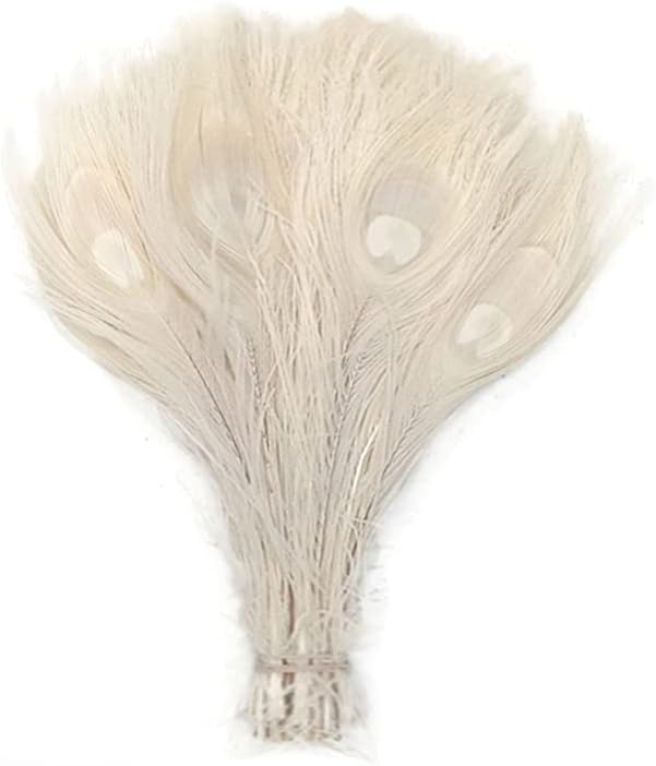 100 Pieces - Ivory Bleached Peacock Tail Eye Wholesale Feathers 10-12" Long (Bulk)