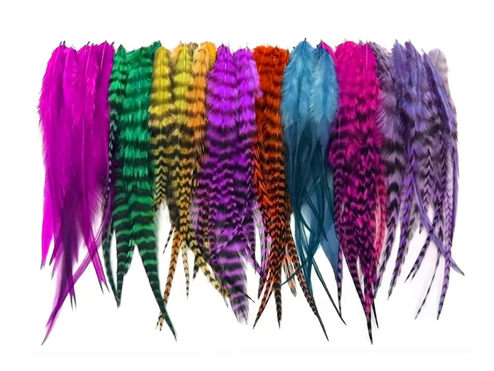 50 Pieces - Colorful Thick Long Rooster Saddle Whiting Farm Hair Extension Wholesale Feathers (Bulk)