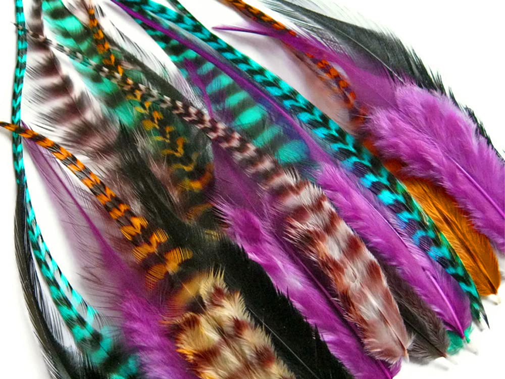 50 Pieces - Colorful Thick Long Rooster Saddle Whiting Farm Hair Extension Wholesale Feathers (Bulk)