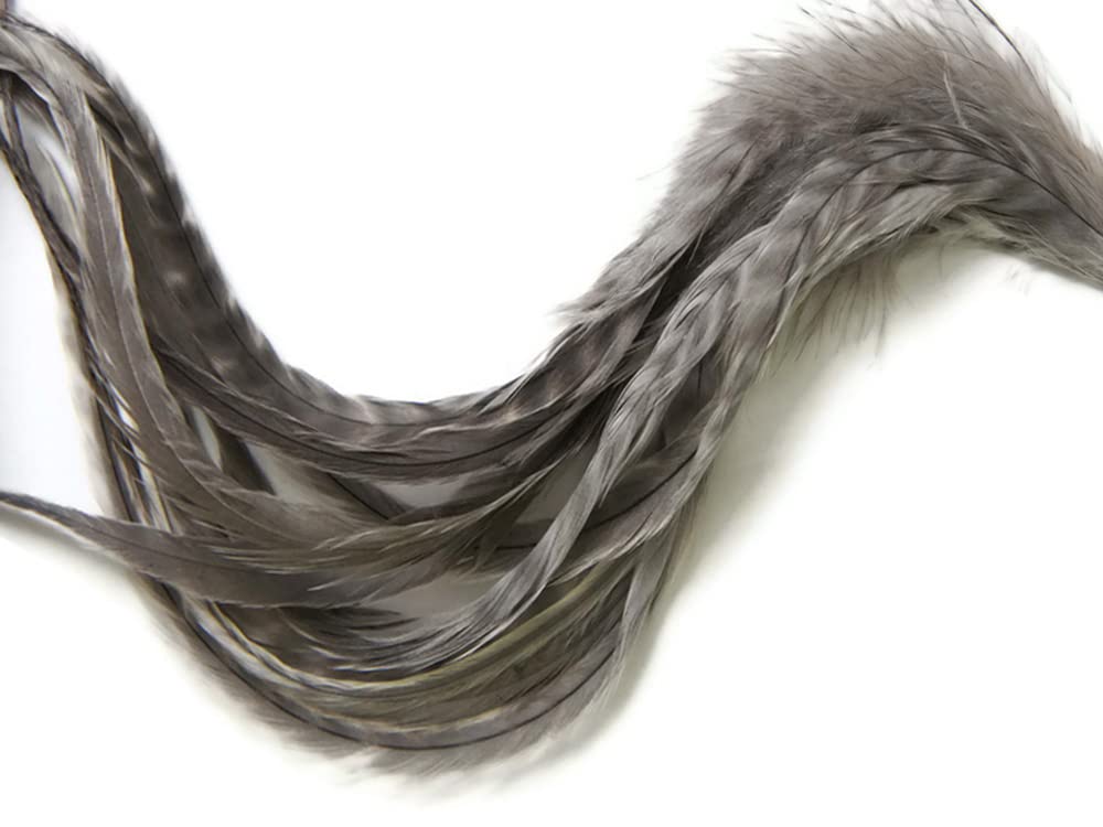 10 Pieces - Unique Grey Thin Long Grizzly Whiting Farm Rooster Saddle Hair Extension Feathers