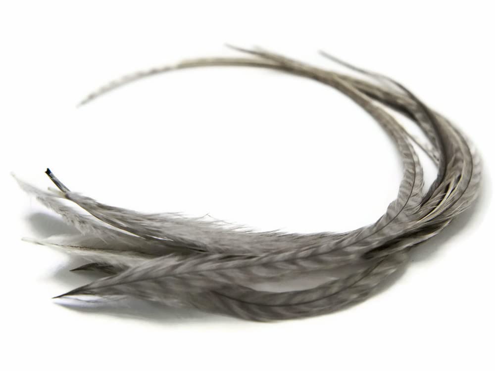 10 Pieces - Unique Grey Thin Long Grizzly Whiting Farm Rooster Saddle Hair Extension Feathers