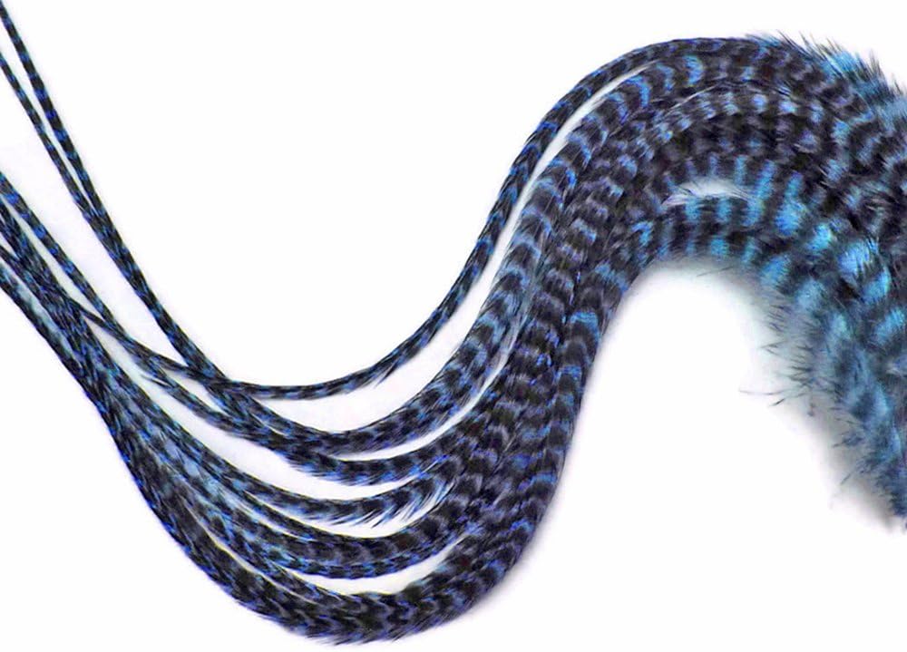 6 Pieces - Light Blue Grizzly Thick Long Rooster Hair Extension Feathers