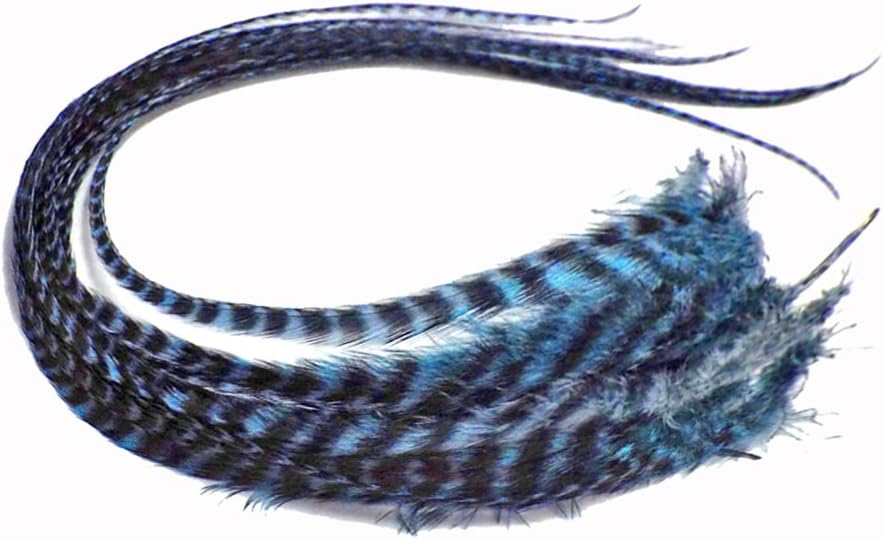 6 Pieces - Light Blue Grizzly Thick Long Rooster Hair Extension Feathers