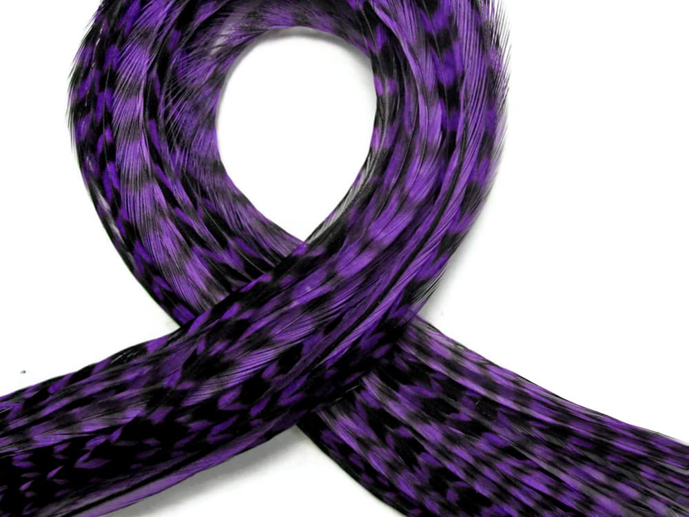 6 Pieces - Xl Unique Purple Grizzly Thin Rooster Hair Extension Feathers