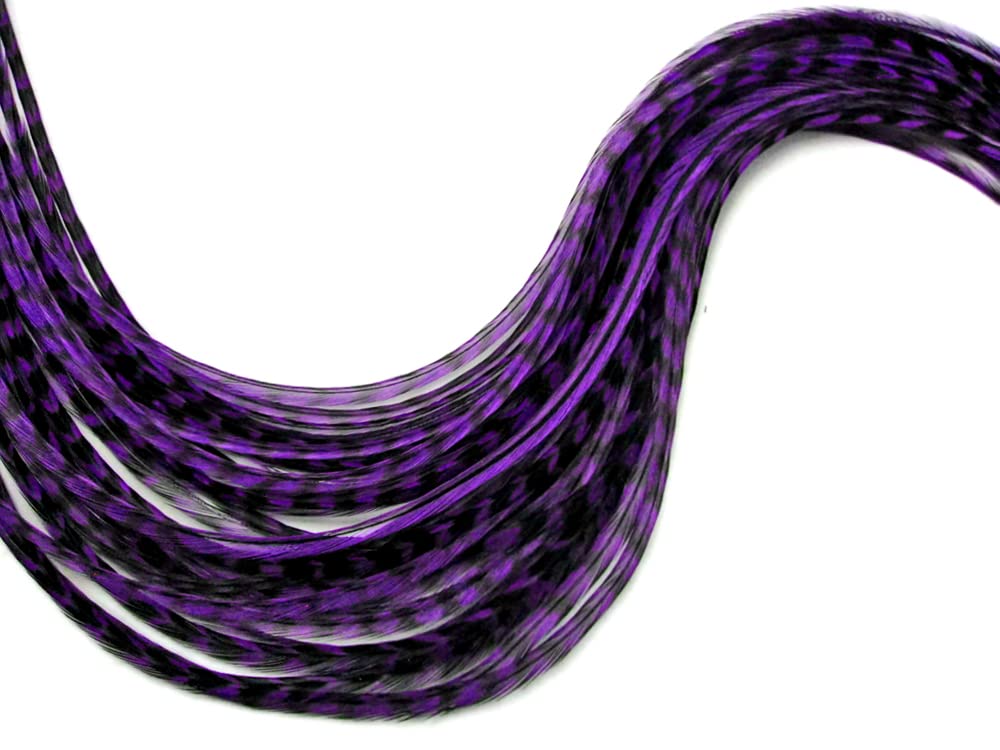 6 Pieces - Xl Unique Purple Grizzly Thin Rooster Hair Extension Feathers