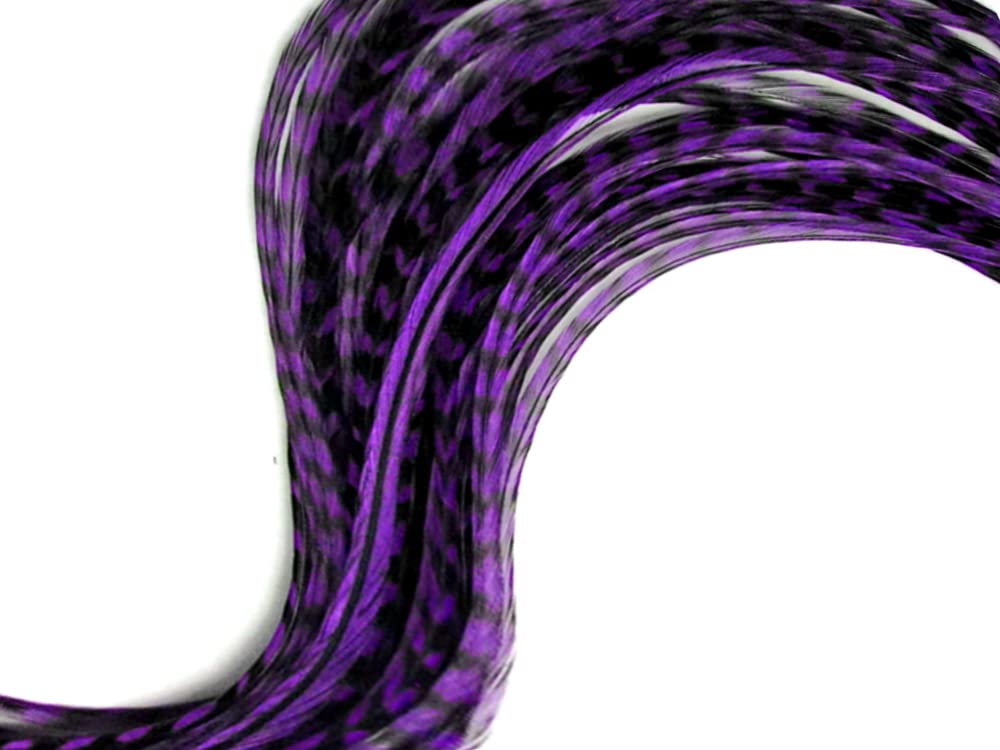6 Pieces - Xl Unique Purple Grizzly Thin Rooster Hair Extension Feathers