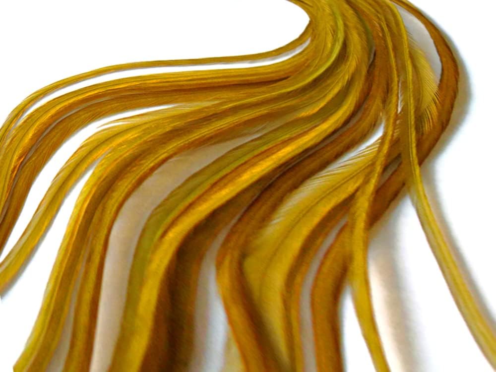 1 Dozen - Medium Solid Antique Gold Rooster Saddle Whiting Hair Extension Feathers