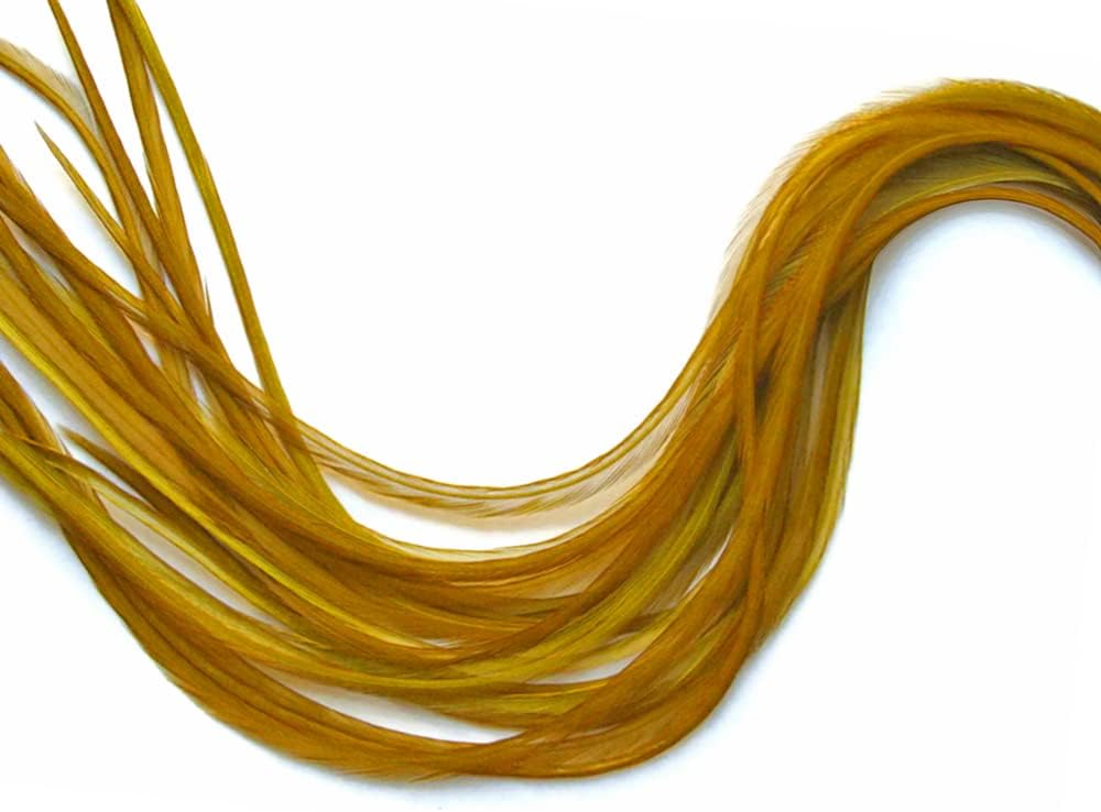 6 Pieces - Antique Gold Solid Thick Long Rooster Hair Extension Feathers