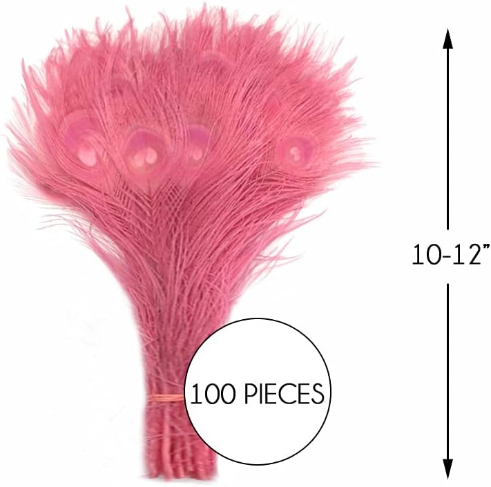 100 Pieces – Sweet Pink Bleached & Dyed Peacock Tail Eye Wholesale Feathers (Bulk) 10-12” Long