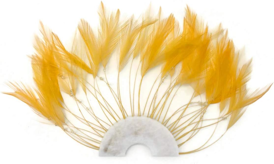 1 Piece - Golden Yellow Half Beaded Pinwheel Stripped Rooster Hackle Feather Pads