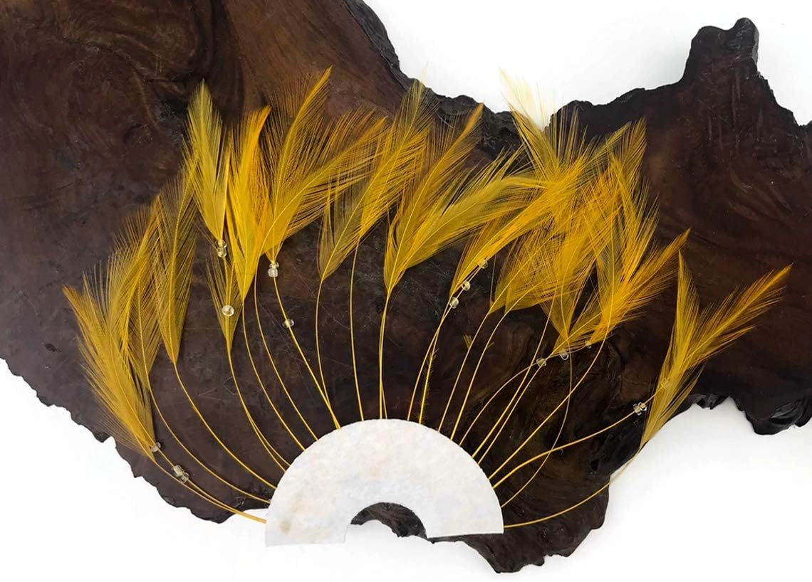 1 Piece - Golden Yellow Half Beaded Pinwheel Stripped Rooster Hackle Feather Pads