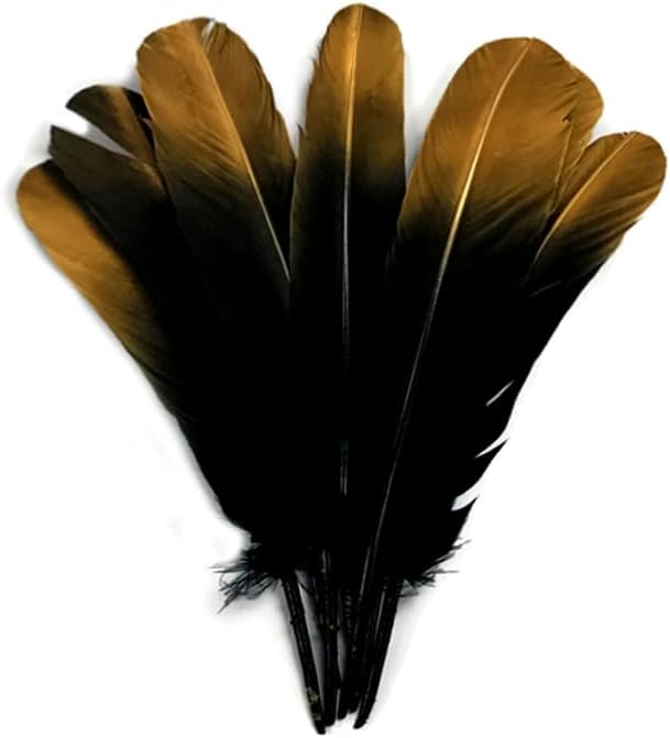 6 Pieces - Gold Tipped Metallic Spray Painted White "Imitation Eagle" Turkey Tom Rounds Secondary Wing Quill Feathers