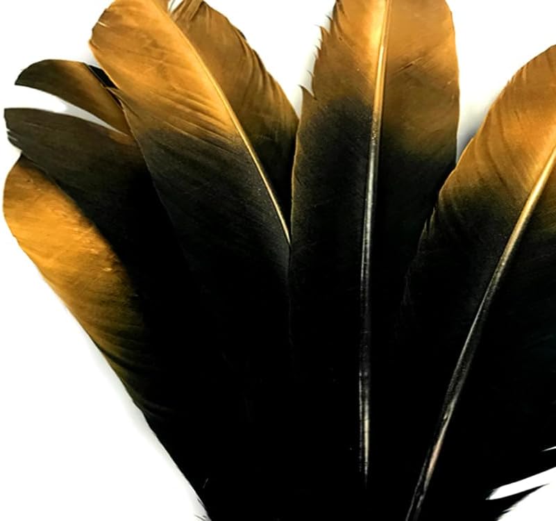 6 Pieces - Gold Tipped Metallic Spray Painted White "Imitation Eagle" Turkey Tom Rounds Secondary Wing Quill Feathers