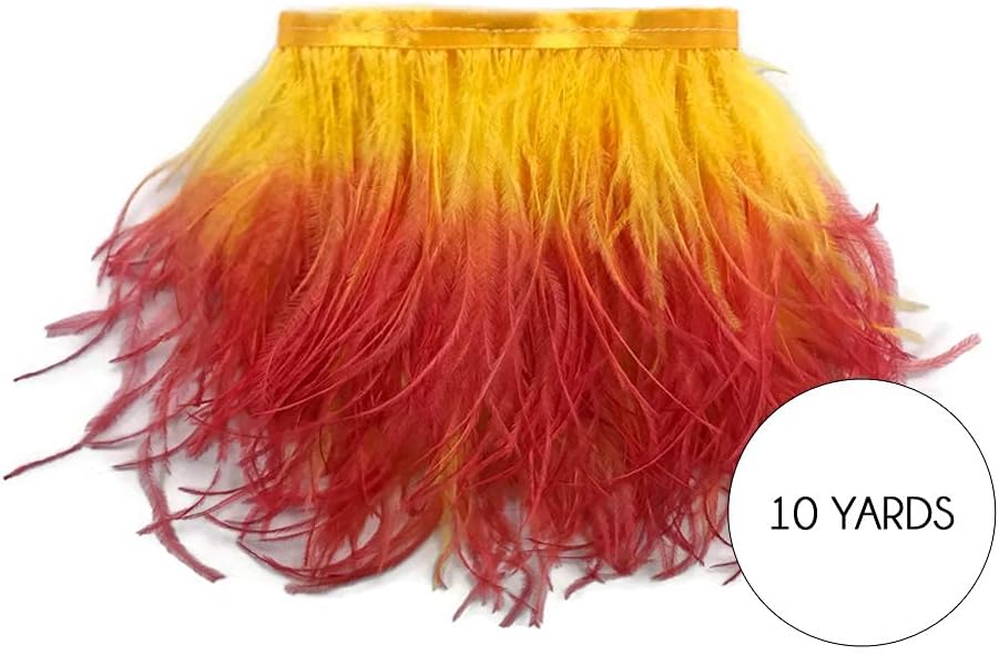 10 Yards - Fiery Red Ombre Ostrich Fringe Trim Wholesale Feather (Bulk)
