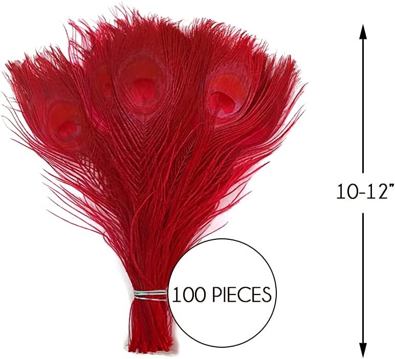 50 Pieces - 30-35" Red Dyed Over Natural Long Peacock Tail Eye Wholesale Feathers (Bulk)