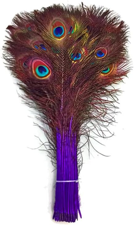 50 Pieces - 30-35" Purple Dyed Over Natural Long Peacock Tail Eye Wholesale Feathers (Bulk)