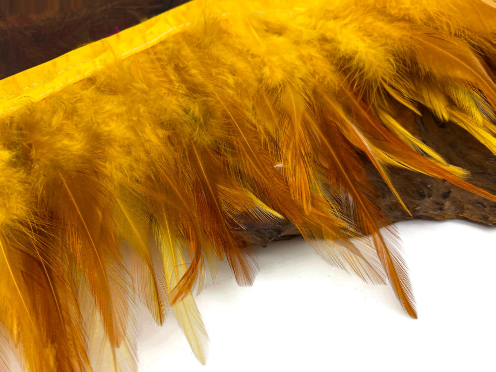 1 Yard - Dyed Golden Yellow Over Natural Rooster Neck Hackle Saddle Feather Wholesale Trim