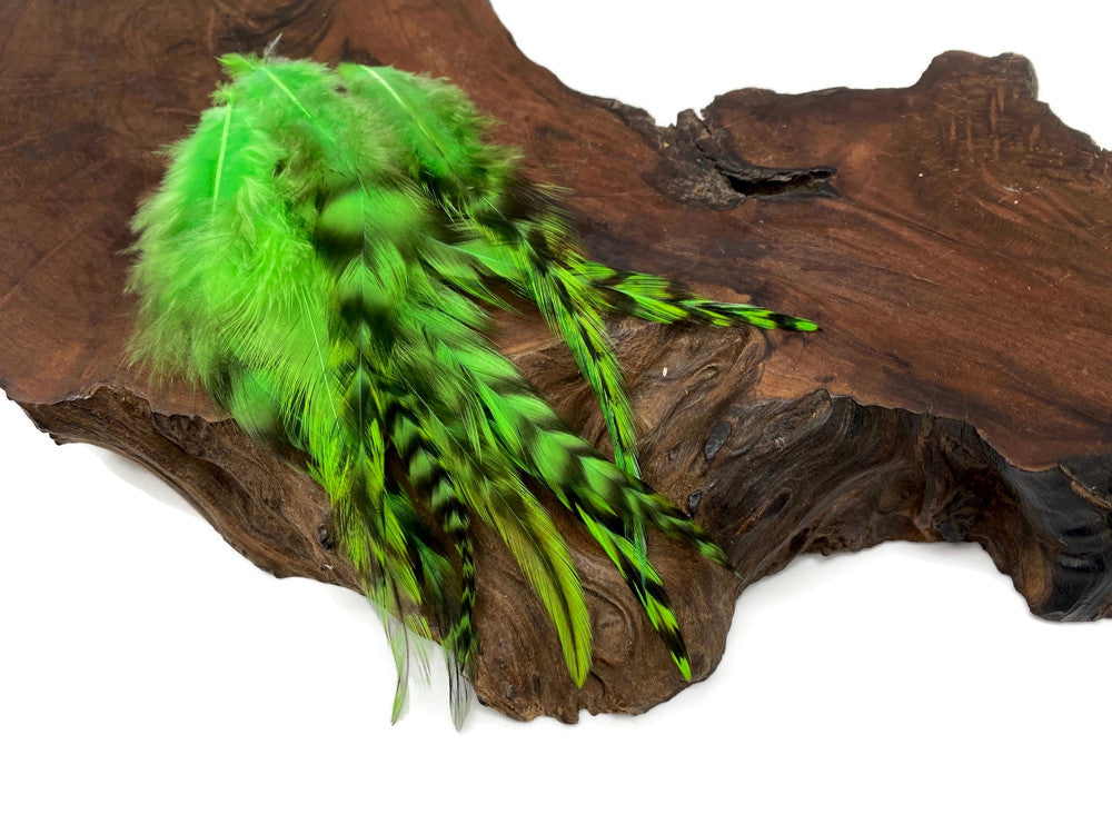 1 Dozen - Medium Unique Lime Rooster Saddle Whiting Hair Extension Feathers