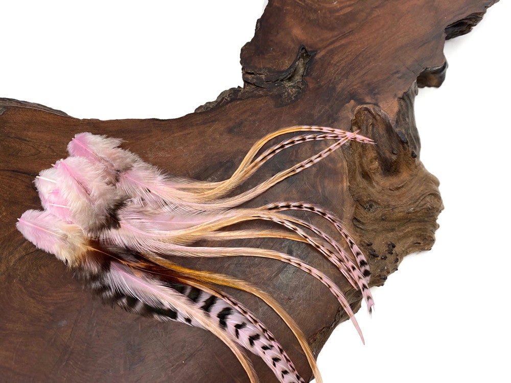 1 Dozen - Medium Unique Pink Grizzly Rooster Saddle Whiting Hair Extension Feathers