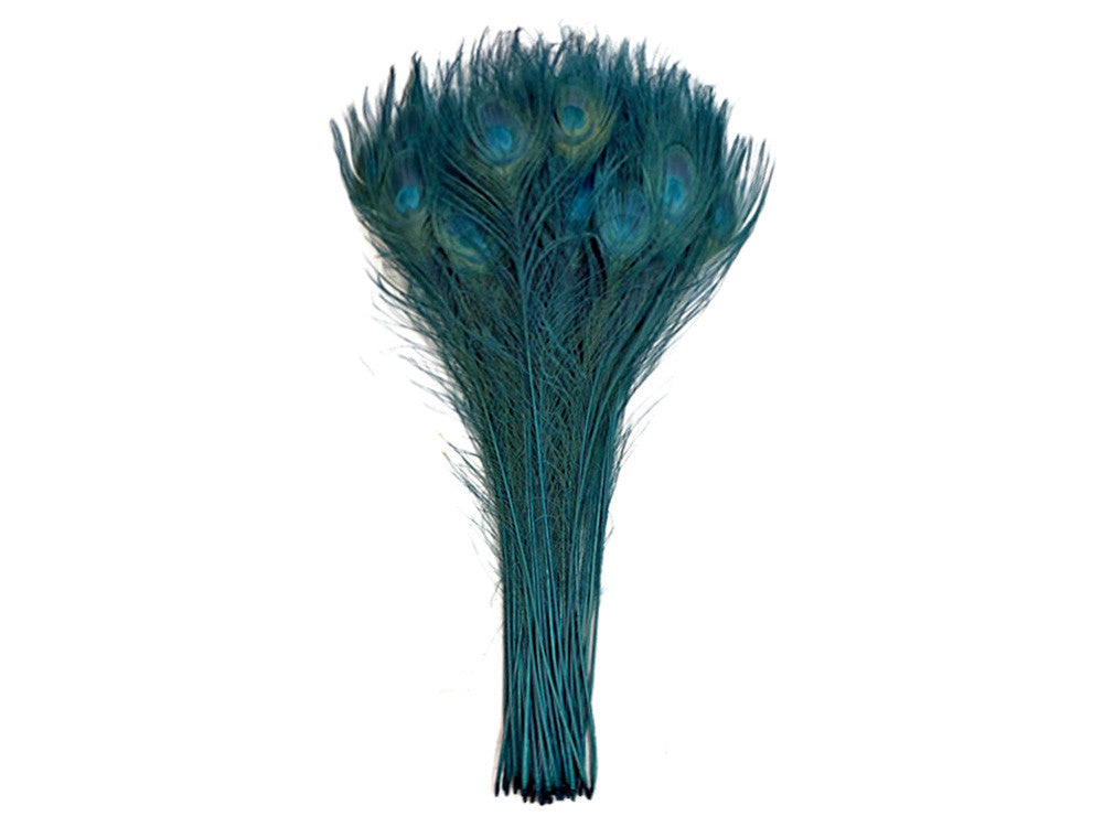 50 Pieces - 30-35" Teal Green Bleached & Dyed Peacock Tail Eye Wholesale Feathers (Bulk) 