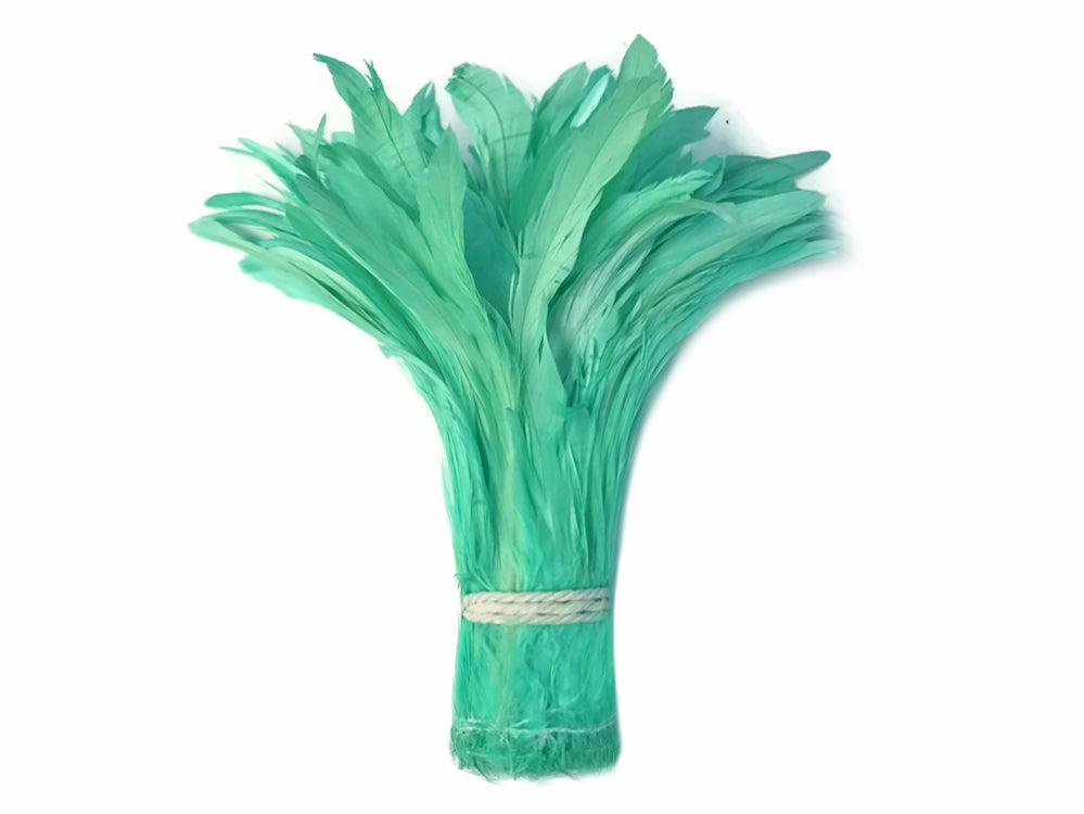2.5  Inch Strip -  8-10" Mint Green Strung Natural Bleach & Dyed Coque Tails Feathers