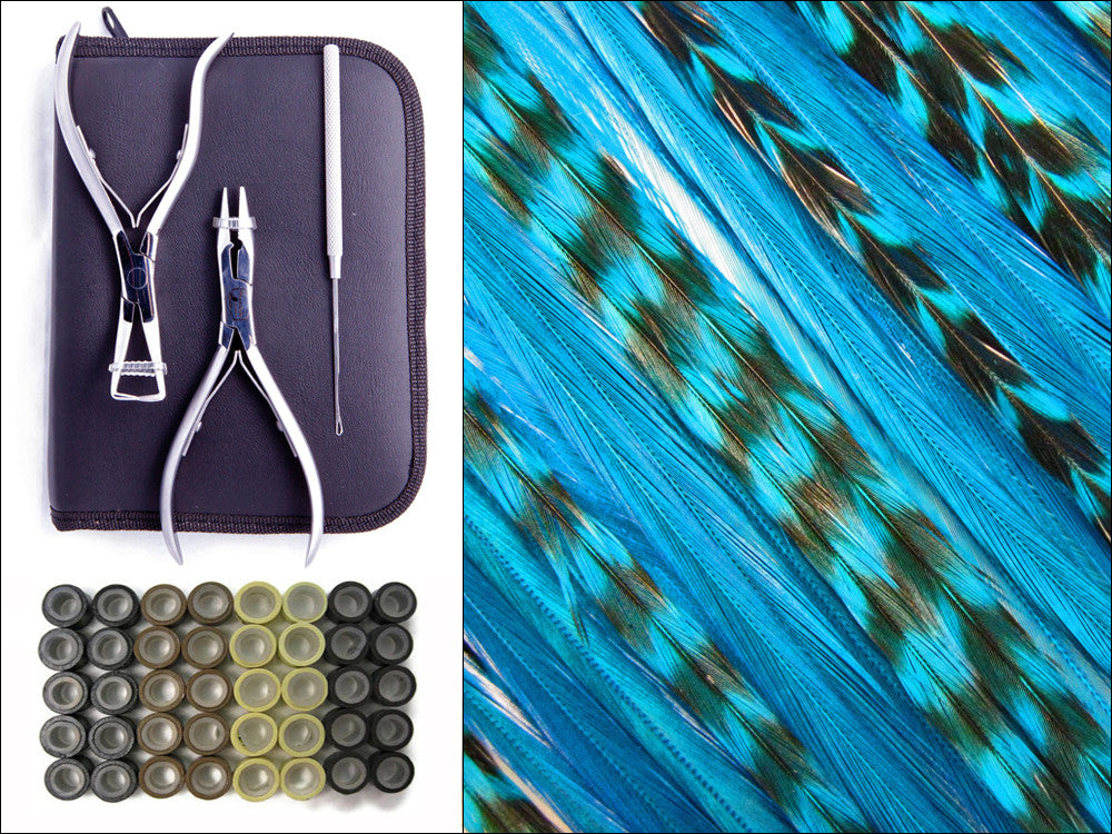 Ocean Duo Pack - Hair Extension Whiting Farm Feather Stainless Tool Kit & Silicone Beads 