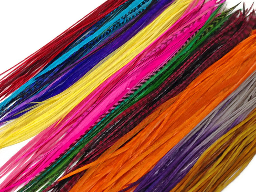 50 Pieces - Colorful Thin Long Whiting Farms Rooster Saddle Hair Extension Wholesale Feathers (Bulk)