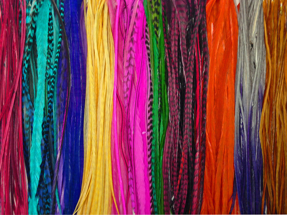 50 Pieces - Colorful Thin Long Whiting Farms Rooster Saddle Hair Extension Wholesale Feathers (Bulk)