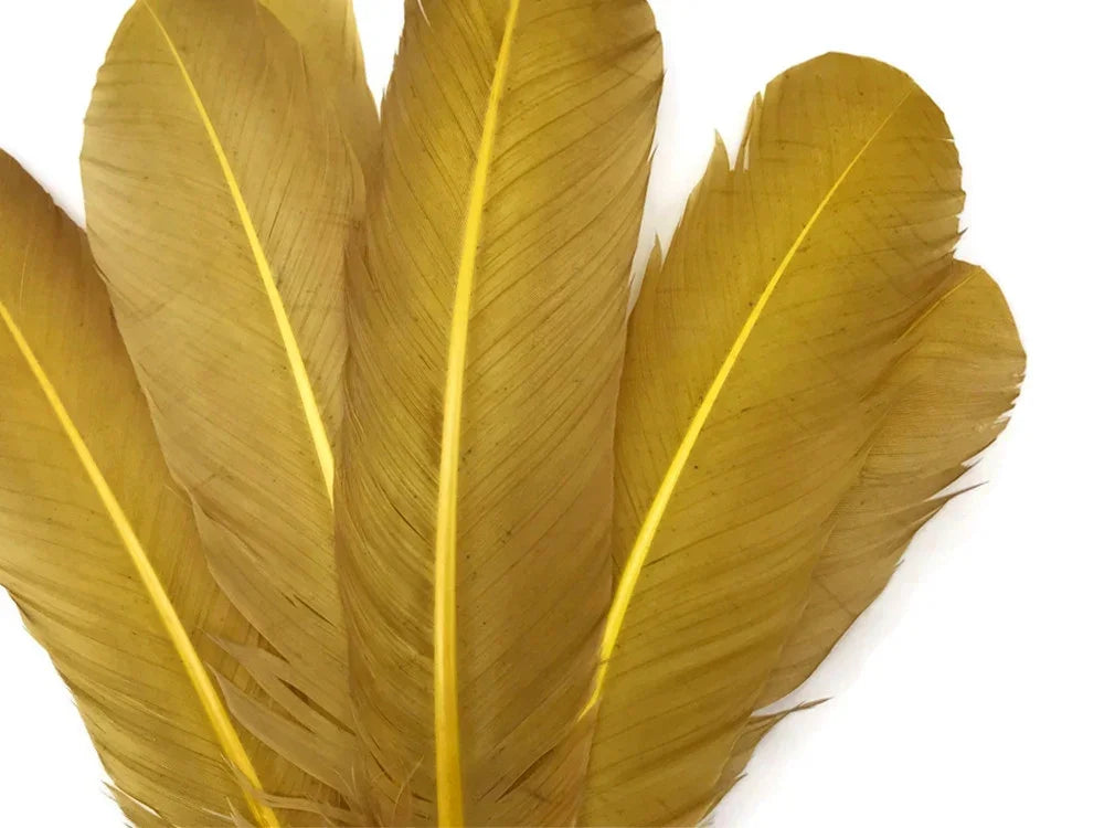 Large golden yellow feathers for DIY crafts and fashion decor on a white background.