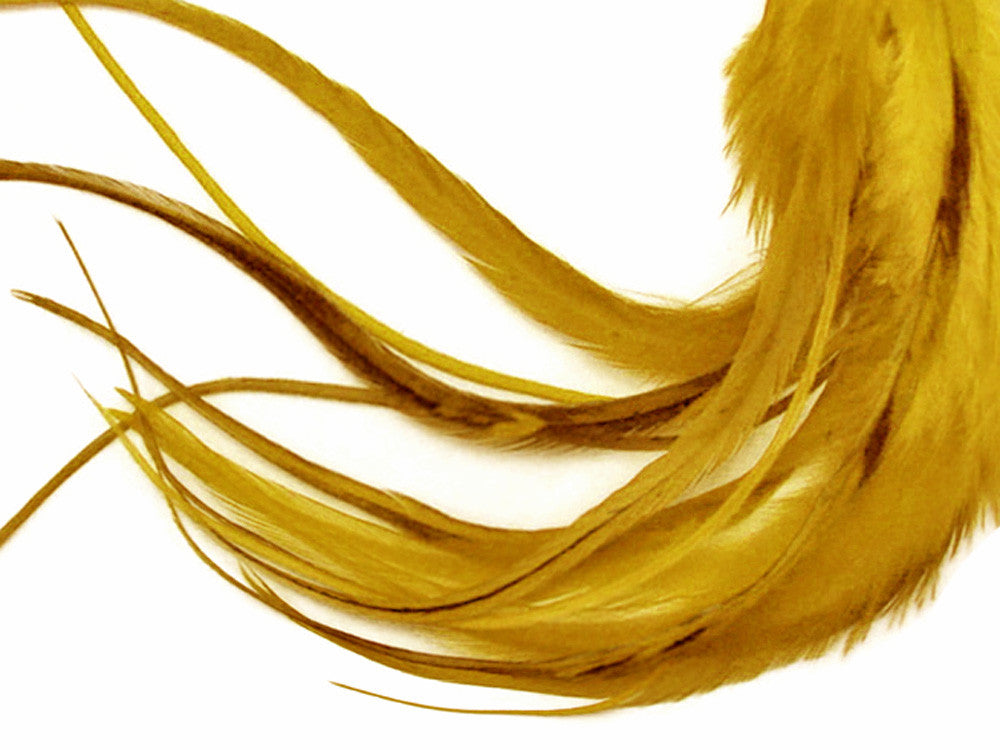 1 Dozen - Medium Solid Antique Gold Rooster Saddle Whiting Hair Extension Feathers