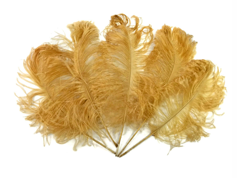 10 Pieces -  12-16" Antique Gold Dyed Ostrich Tail Fancy Feathers