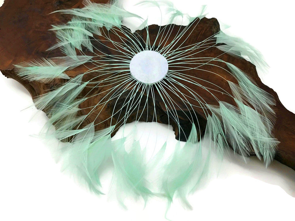 1 Piece - Mint Green Whole Beaded Pinwheel Stripped Rooster Hackle Feather Plates