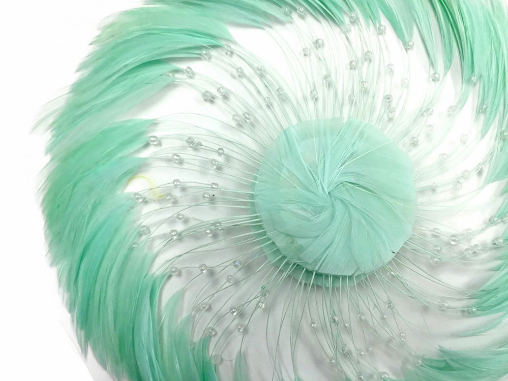 1 Piece - Mint Green Whole Beaded Pinwheel Stripped Rooster Hackle Feather Plates