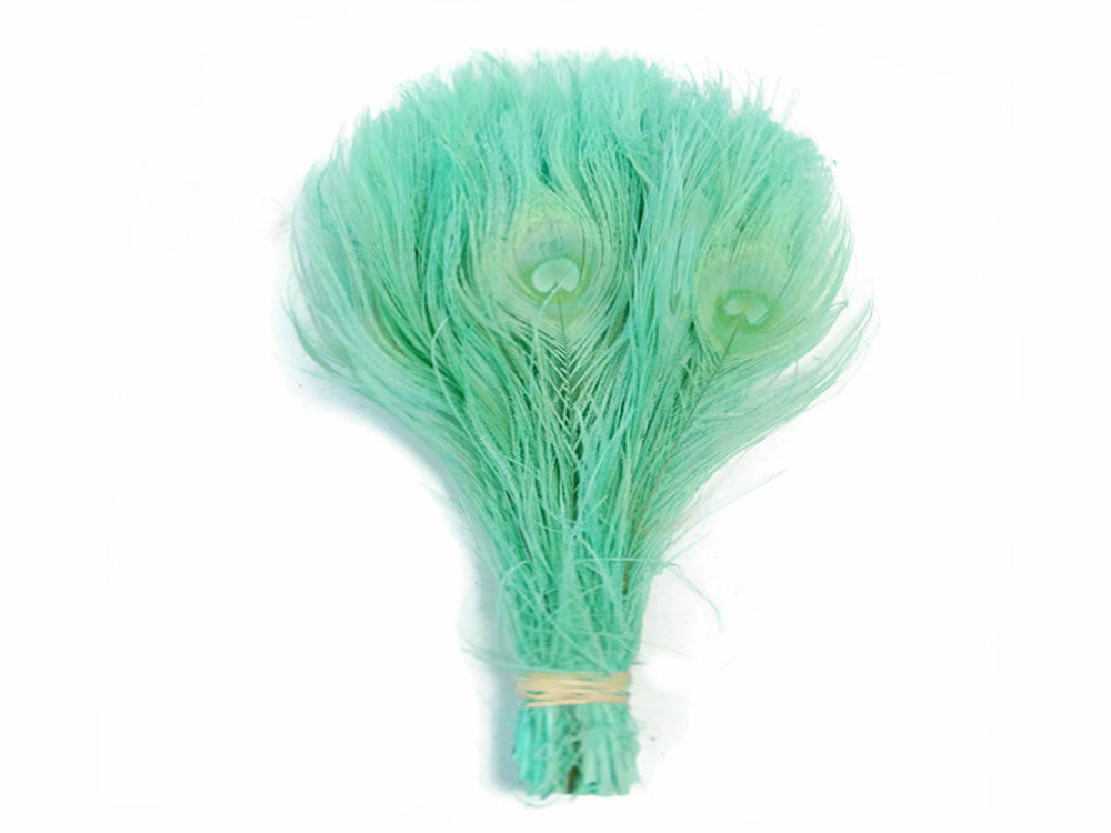 50 Pieces - Aqua Green Bleached & Dyed Peacock Tail Eye Wholesale Feathers (Bulk)