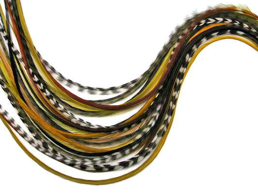 12 Strands - Army Mix Thin Long Grizzly Whiting Farm Rooster Salon Hair Extension Feathers