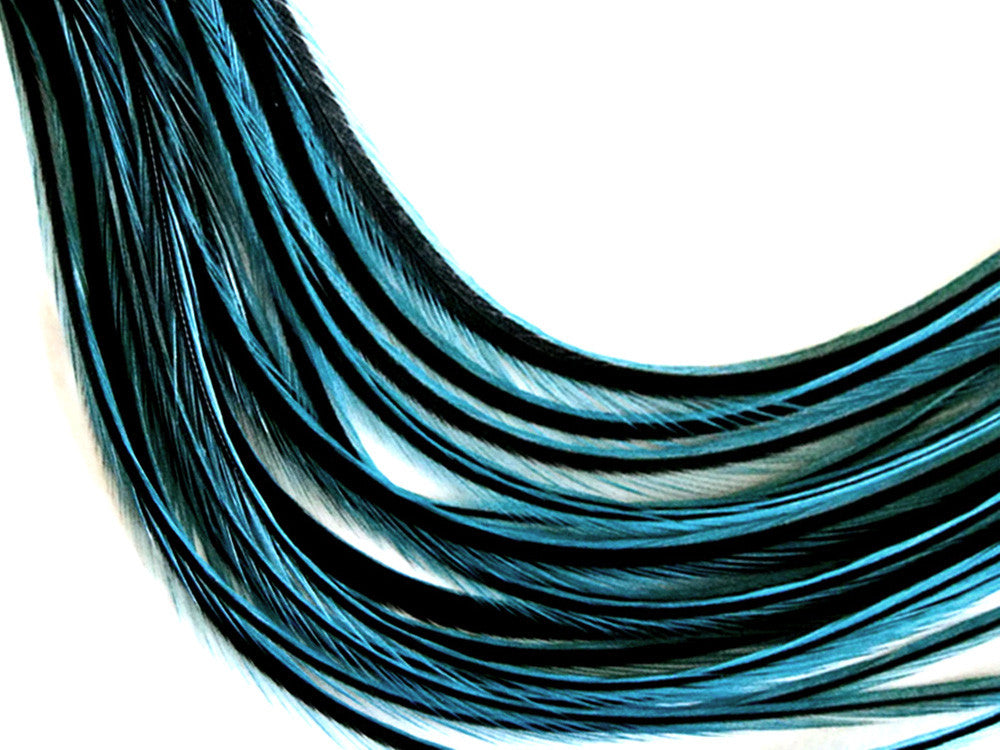 10 Pieces - Kingfisher Blue Badger Thin Long Whiting Farm Rooster Hair Extension Feathers