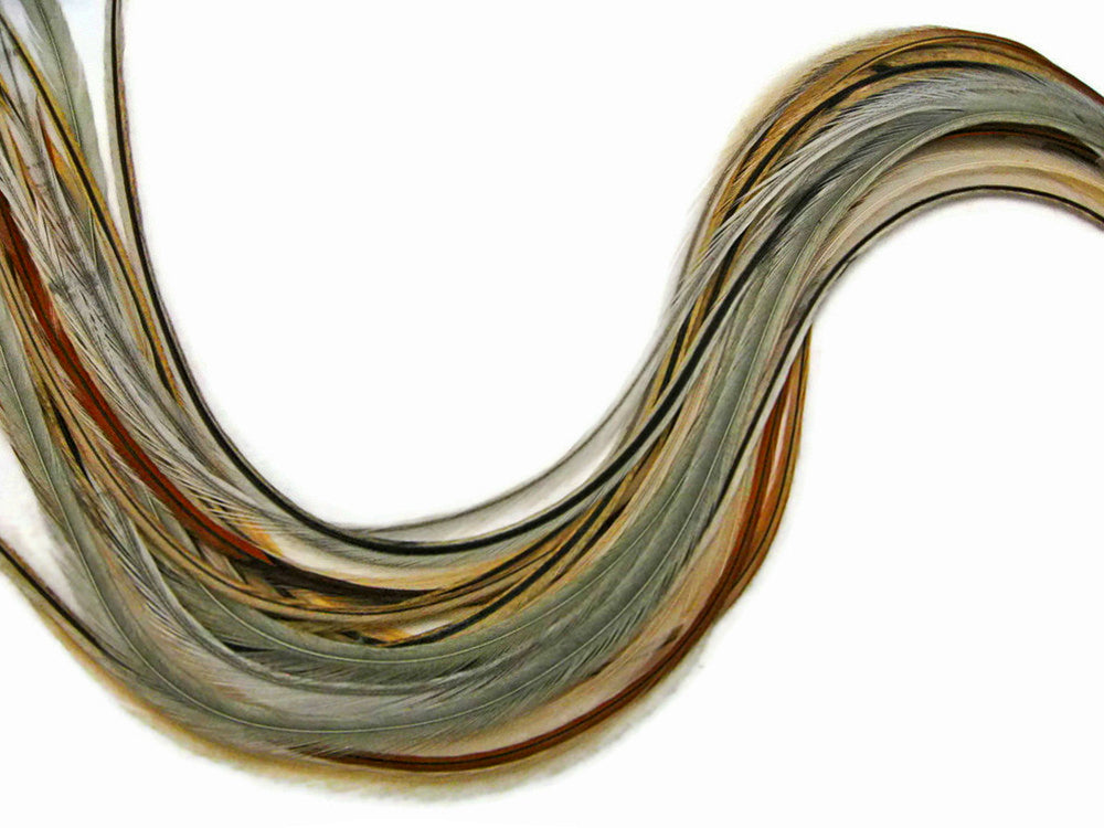 10 Pieces - Badger Mix Thin Long Grizzly Rooster Hair Extension Feathers