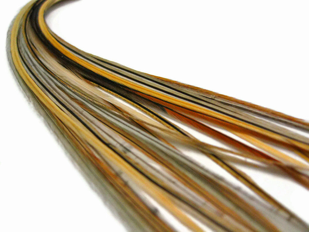 10 Pieces - Badger Mix Thin Long Grizzly Rooster Hair Extension Feathers