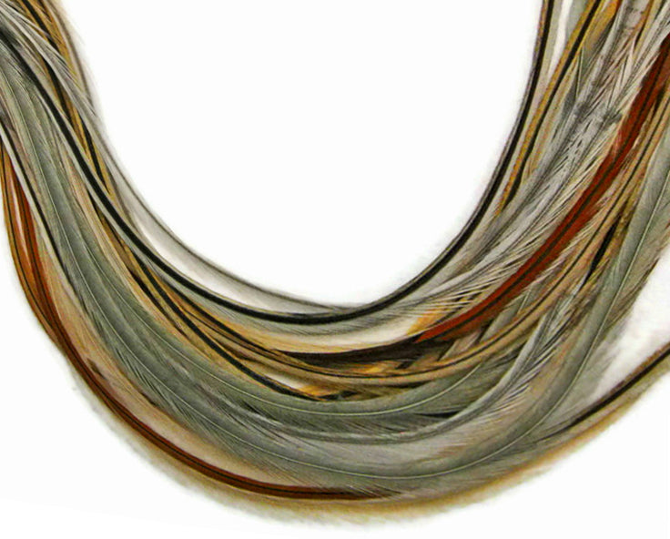 10 Pieces - Badger Mix Thin Long Grizzly Rooster Hair Extension Feathers