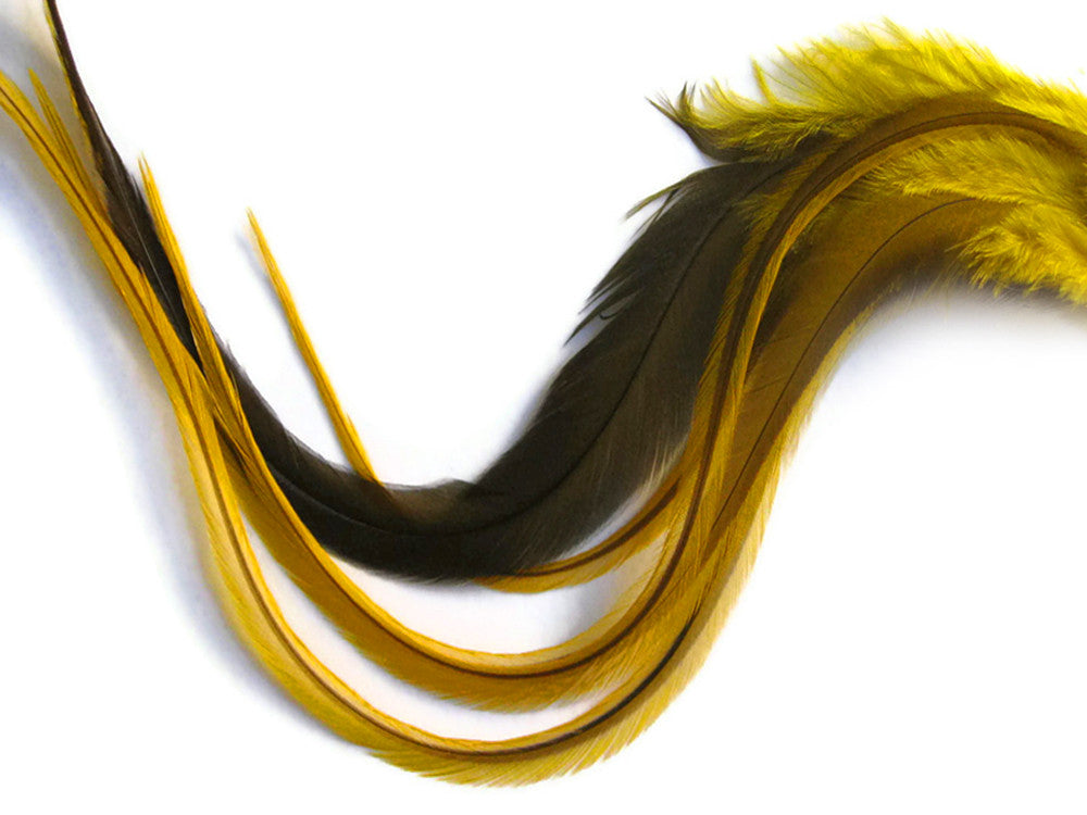 6 Pieces - Yellow Badger Thick Long Rooster Hair Extension Feathers