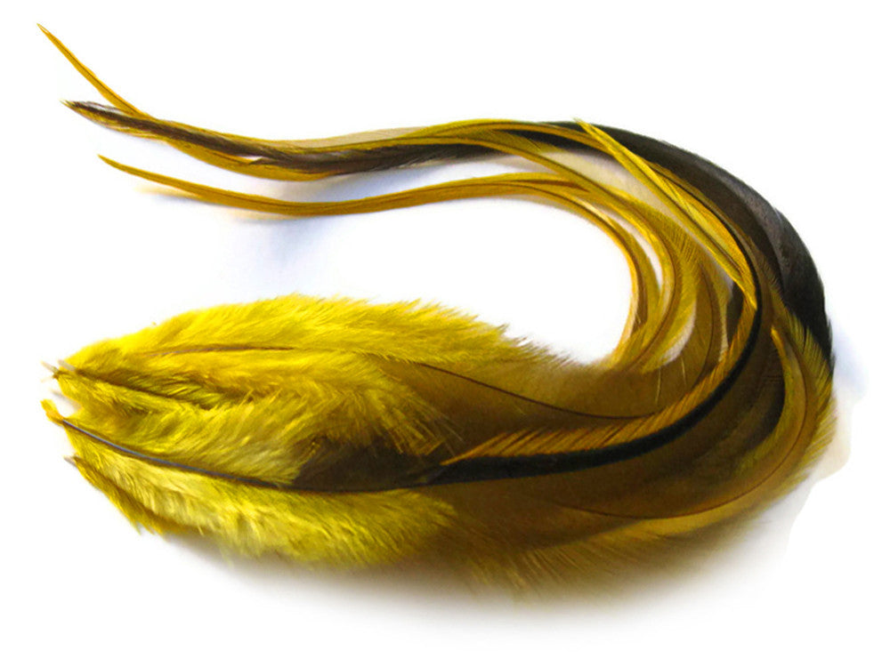 6 Pieces - XL Yellow Badger Thick Long  Whiting Farm Rooster Saddle Hair Extension Feathers