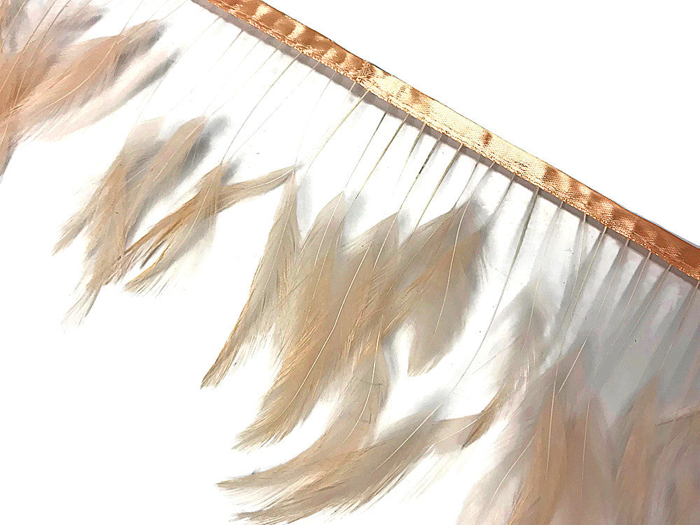 1 Yard - Beige Stripped Rooster Neck Hackle Eyelash Wholesale Feather Trim (Bulk)