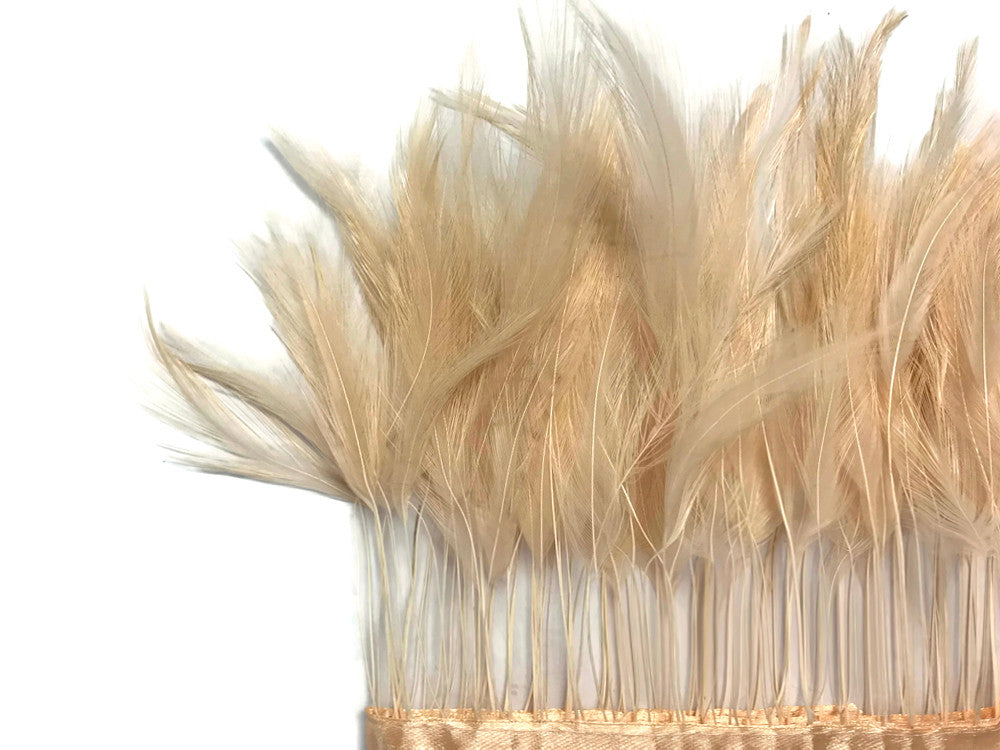 1 Yard - Beige Stripped Rooster Neck Hackle Eyelash Wholesale Feather Trim (Bulk)