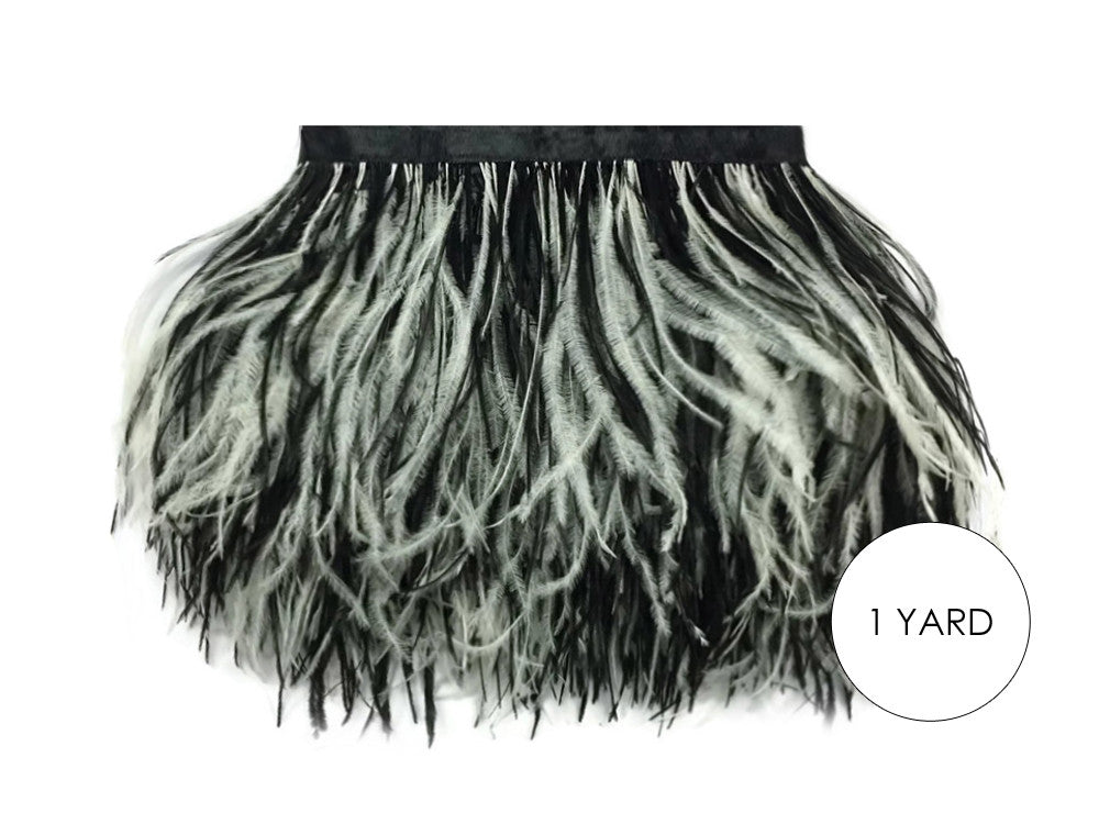 1 Yard - Black & White Ostrich Fringe Trim Wholesale Feather (Bulk)