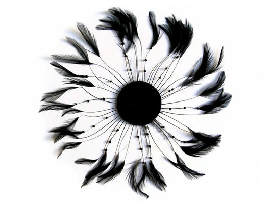 1 Piece - Black Whole Beaded Pinwheel Stripped Rooster Hackle Feather Plates