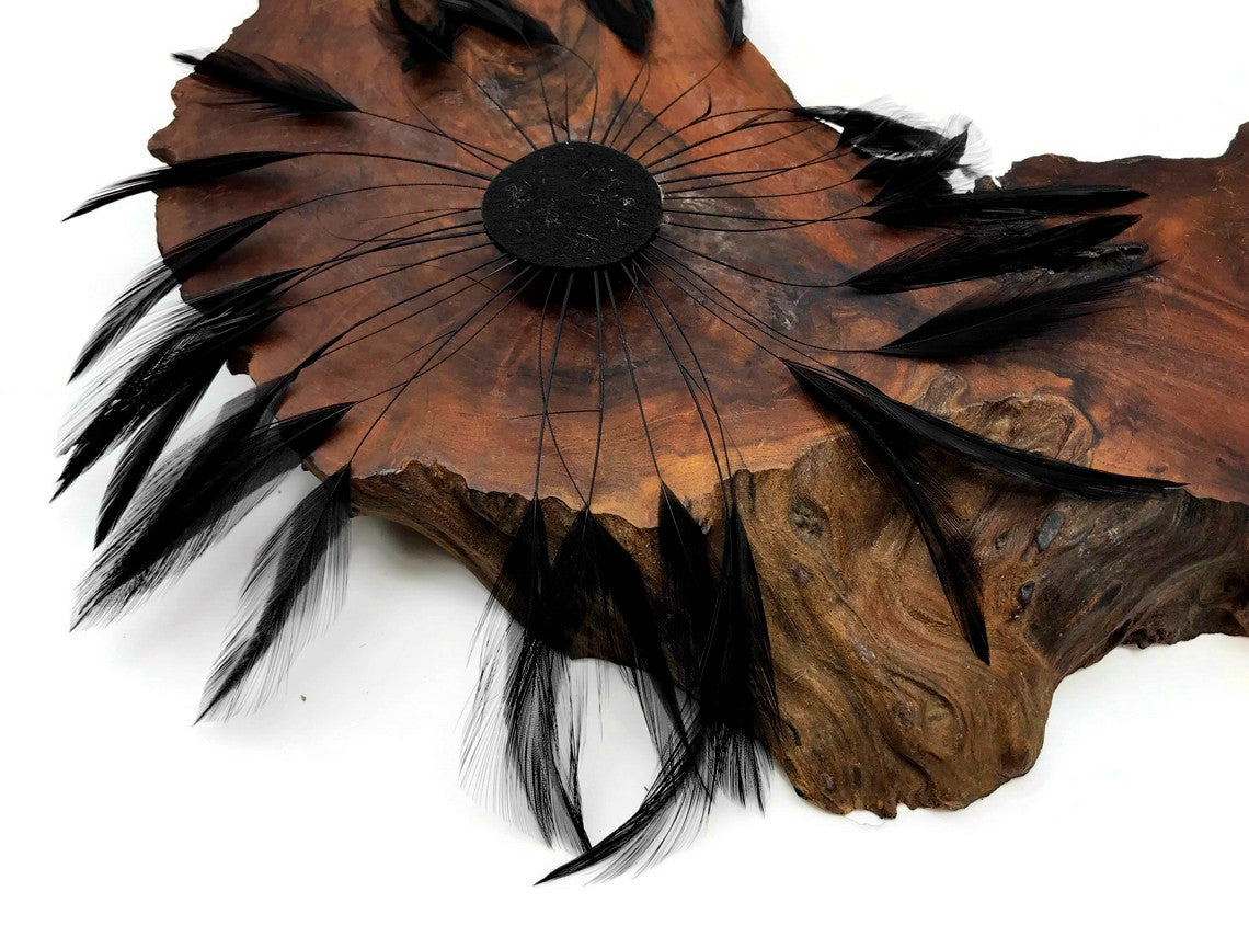 1 Piece - Black Whole Beaded Pinwheel Stripped Rooster Hackle Feather Plates