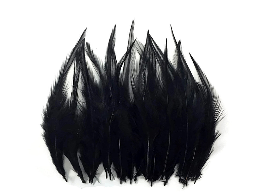 1 Dozen - Short Solid Black Whiting Farm Rooster Saddle Hair Extension Feathers