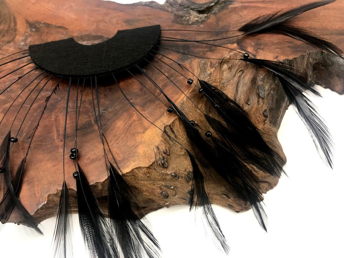 1 Piece - Black Half Beaded Pinwheel Stripped Rooster Hackle Feather Pads