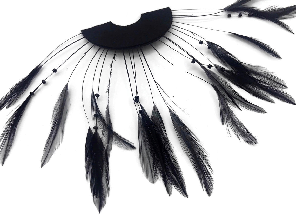 1 Piece - Black Half Beaded Pinwheel Stripped Rooster Hackle Feather Pads